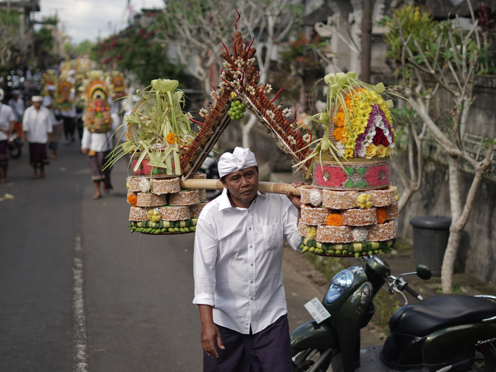 Balinese ceremony with traditional offerings in Sebatu Village