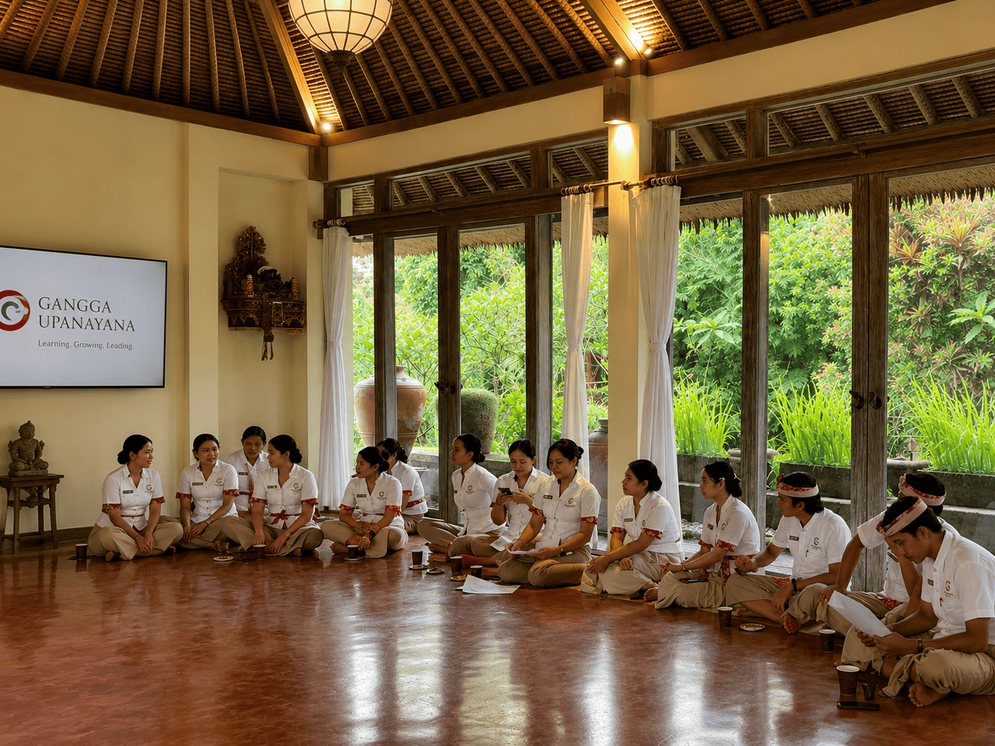 Gangga Upanayana staff gathering session with Puri Gangga Resort team in a learning and discussion forum